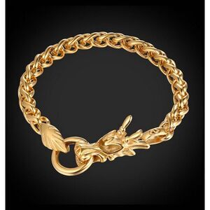 Sakura Designs Gold Dragon Head Link Bracelet 18K Plated Wheat Chain 9"